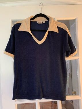 Vintage 1970s Navy and Cream Short-Sleeve collared terry cloth top size L